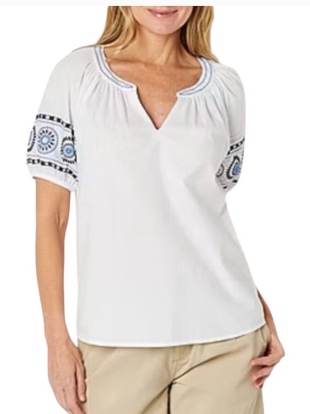 St. John's Bay White Peasant Blouse with Blue Embroidery
